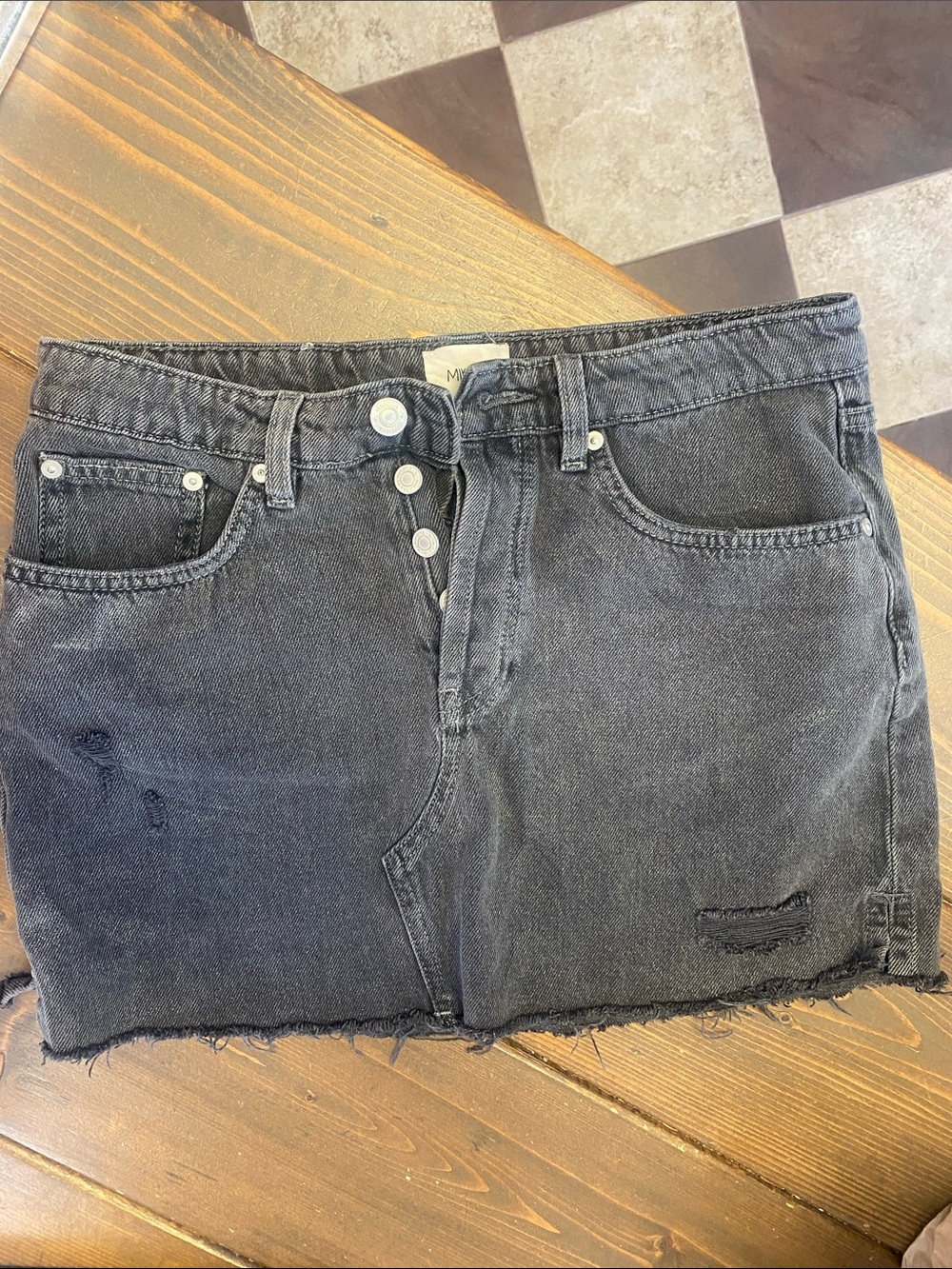 Washed Black Distressed Denim Mini Skirt